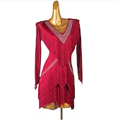 preiswerte Kleidung für lateinamerikanische Tänze-Tanz-Salsa-Latin-Tanzkleid mit Fransen, Quasten, Kristallen/Strasssteinen, Damen, Performance-Training, lange Ärmel, Chinlon