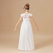 cheap Flower Girl&#039;s Dresses-Flower Girl Dress Girls&#039; Princess Dress First Communion Dress Party Dress Performance Wedding Party Princess Sweet Mesh Solid Color Short Sleeve Crew Neck White 2-12 Years