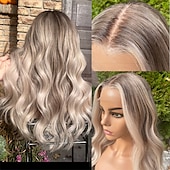 levne Paruky z přírodních vlasů se síťkou ofina-platinová jasanová blond krajka vpředu lidské vlasy paruky 13x4 krajková přední paruka tmavě blond kořínky předem vytrhané 130%/150%/180% hustota dlouhá vlnitá paruka pro ženy