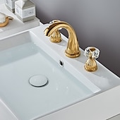 cheap Multi Holes-Widespread Bathroom Sink Mixer Faucet, 3 Holes 2 Handle Basin Tap, Retro Style Crystal Handle Brass Bathroom Sink Faucet Contain with Supply Lines and Hot Cold Water Hose Deck Mounted