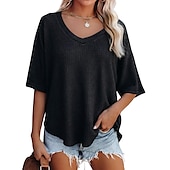 ieftine Topuri simple pentru femei-vară, cu decolteu în V, mânecă de păpușă, tricot cu vafe, largi, culoare uni, tricou cu mânecă scurtă, top pentru femei