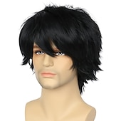 economico Parrucche uomo-parrucca cosplay emo nera corta parrucca maschile nera uomini donne parrucca anime halloween a strati