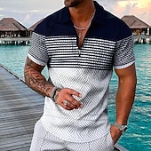 cheap Men&#039;s Hawaiian Polo-Men&#039;s Striped Hawaiian Polo Shirts Golf Shirt Short Sleeve Polo Shirts Collared Shirts Casual Beach Wear Vacation Wear Party Outfits 3D Print Quarter Zip Polo Black-White Black Army Green