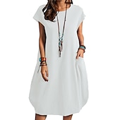 abordables concevoir des robes en coton et lin-Femmes Noir Blanche bleu marine Été Printemps Robe Midi Robes inspirées du lin Robe Décontractée Robe fourreau Classique Occasionnel Extérieur Vacances Quotidien Coupe régulière Couleur Unie Col ras