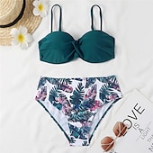 billige Bikinisett-Dame Normal Badetøy Bikini 2 stk Frekk Badedrakt 2 deler Åben Ryg Sexy Printer Høy midje Ferie Mote Blomstret Blader Med stropper Ermeløs Badedrakter