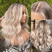 levne Paruky z přírodních vlasů se síťkou ofina-platinová jasanová blond krajka vpředu lidské vlasy paruky 13x4 krajková přední paruka tmavě blond kořínky předem vytrhané 130%/150%/180% hustota dlouhá vlnitá paruka pro ženy