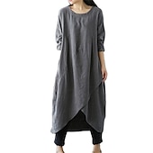 cheap Design Cotton &amp; Linen Dresses-Women&#039;s Black Green Gray Summer Spring Fall Maxi Dress Linen-Inspired Dresses Casual Dress Layered Dress Casual Winter Dress Daily Going out Loose Fit Pure Color Crew Neck