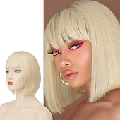cheap Black &amp; African Wigs-Short Straight Bob Wigs 11 inch Synthetic with Bangs Daily Party Cosplay Hair Wig for Black Women silver gray