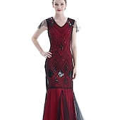 baratos Vestidos dos anos 1920-Conjunto Loucos anos 20 Anos 20 Até o Tornozelo Vestidos Vestido de Festa Roupa com acessórios Mangas curtas O Grande Gatsby Tamanhos Grandes Convidado do casamento Franjas Franjas Decote V Fantasia