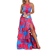 cheap Formal Dresses-Women&#039;s Swing Dress Maxi long Dress Blue Sleeveless Print Abstract Layered Split Cold Shoulder Spring Summer Halter Neck Cold Shoulder Personalized Stylish Vacation 2023 S M L XL XXL / 3D Print