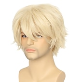 economico Parrucche uomo-parrucca cosplay emo nera corta parrucca maschile nera uomini donne parrucca anime halloween a strati