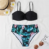 billige Bikinisett-Dame Normal Badetøy Bikini 2 stk Frekk Badedrakt 2 deler Åben Ryg Sexy Printer Høy midje Ferie Mote Blomstret Blader Med stropper Ermeløs Badedrakter