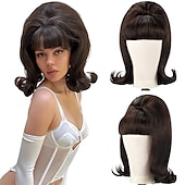 abordables Perruques historiques-perruque marron vintage années 50 60 70 avec frange cheveux synthétiques pour femme perruque de carnaval de fête