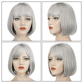 cheap Black &amp; African Wigs-Short Straight Bob Wigs 11 inch Synthetic with Bangs Daily Party Cosplay Hair Wig for Black Women silver gray