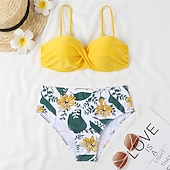 billige Bikinisett-Dame Normal Badetøy Bikini 2 stk Frekk Badedrakt 2 deler Åben Ryg Sexy Printer Høy midje Ferie Mote Blomstret Blader Med stropper Ermeløs Badedrakter