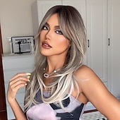 voordelige Topkwaliteit pruiken-synthetische pruik kinky recht met pony pruik lang lichtblond synthetisch haar 20 inch dames modieus ontwerp comfortabel zwart ombre blond
