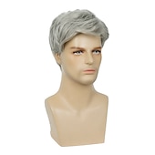 economico Parrucche uomo-parrucche da uomo breve parrucca grigio argento sintetico resistente al calore naturale parrucca di capelli cosplay di halloween