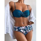 billige Bikinisett-Dame Normal Badetøy Bikini 2 stk Frekk Badedrakt 2 deler Åben Ryg Sexy Printer Høy midje Ferie Mote Blomstret Blader Med stropper Ermeløs Badedrakter