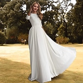 cheap Casual Wedding Dresses-Hall Casual Wedding Dresses A-Line Scoop Neck 3/4 Length Sleeve Sweep / Brush Train Stretch Fabric Bridal Gowns With Pleats Solid Color 2025