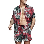 お買い得  メンズプリントシャツセット-男性用 グラフィック シュロの葉 熱帯植物 2個 シャツセット アロハシャツ 半袖 ショートパンツ 折襟 デザイナー ビーチスタイル バケーション カジュアル 日常 3D 夏 シルバー レッド-ホワイト グリーン-ブラック
