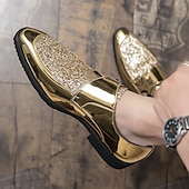 cheap Semi-Formal-Men&#039;s Gold Glitter Dress Shoes – Shiny Formal Buckle Loafers for Parties, Weddings, and Special Events
