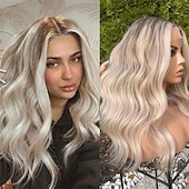 levne Paruky z přírodních vlasů se síťkou ofina-platinová jasanová blond krajka vpředu lidské vlasy paruky 13x4 krajková přední paruka tmavě blond kořínky předem vytrhané 130%/150%/180% hustota dlouhá vlnitá paruka pro ženy