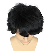 economico Parrucche uomo-parrucca cosplay emo nera corta parrucca maschile nera uomini donne parrucca anime halloween a strati