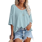 ieftine Topuri simple pentru femei-vară, cu decolteu în V, mânecă de păpușă, tricot cu vafe, largi, culoare uni, tricou cu mânecă scurtă, top pentru femei