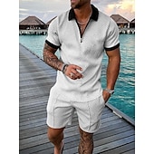 cheap Vacation-Men&#039;s Casual Color Contrast Polo Zipper Lapel Shirt Short-sleeved Suit