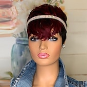 baratos Perucas capless de cabelo natural-vermelho borgonha 99j ombre cor curto ondulado bob pixie cut perucas máquina completa feita sem renda perucas de cabelo humano com franja para mulheres negras 1b99j