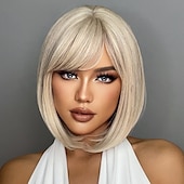 economico Parrucche trendy sintetiche-parrucca bob con frangetta rosa/marrone scuro/ramato/vino/verde parrucche sintetiche per donne afroamericane parrucche naturali del cuoio capelluto 18 pollici parrucche giornaliere per feste