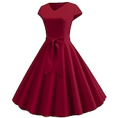 tanie Sukienki-Retro / vintage Lata 50. Sukienka z linii Rockabilly Sukienka huśtawka Krótki kimonowy Łuk Równina W serek Strój na bal maskowy Damskie Bal maskowy Spotkanie towarzyskie Herbaciane przyjęcie Codzienne