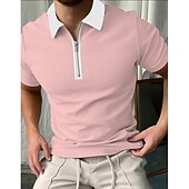 Men's Polo Shirt Golf Shirt Outdoor Street Collar Short Sleeve Fashion Simple Solid Color Zipper Summer Regular Fit Pink Polo Shirt3