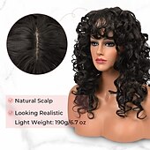 economico Parrucche di altissima qualità-parrucca riccia con frangia per le donne-lonai lunghe parrucche crespi color cioccolato da 23 pollici con frangia sottile ricci splendida parrucca sintetica shag per uso quotidiano party cosplay