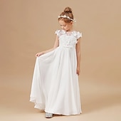 cheap Flower Girl&#039;s Dresses-Flower Girl Dress Girls&#039; Princess Dress First Communion Dress Party Dress Performance Wedding Party Princess Sweet Mesh Solid Color Short Sleeve Crew Neck White 2-12 Years