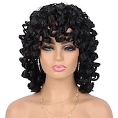cheap Black &amp; African Wigs-Wig Short Afro Curly Wigs for Black Women Dark Brown Curly Wig with Bangs Fluffy Shoulder Length Wigs Heat Resistant Synthetic Colorful Wigs for Daily Party Use