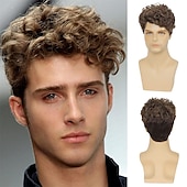 Mens Short Brown Curly Wig Costume Halloween Wig Natural Synthetic Hair Replacement Wig3