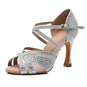 abordables Chaussures de danses latines-chaussures de danse à strass argentées pour femmes avec lanières croisées - talons ouverts pour salle de bal et latine