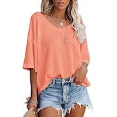 ieftine Topuri simple pentru femei-vară, cu decolteu în V, mânecă de păpușă, tricot cu vafe, largi, culoare uni, tricou cu mânecă scurtă, top pentru femei