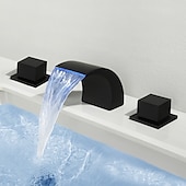 baratos Torneiras Misturadoras-Cachoeira torneira da pia do banheiro luz led latão montado no convés, torneiras de banho generalizadas 2 alças 3 furos com mangueira de água quente e fria