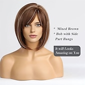 baratos peruca mais velha-bob perucas castanhas mistas para mulheres com franja