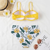 billige Bikinisett-Dame Normal Badetøy Bikini 2 stk Frekk Badedrakt 2 deler Åben Ryg Sexy Printer Høy midje Ferie Mote Blomstret Blader Med stropper Ermeløs Badedrakter