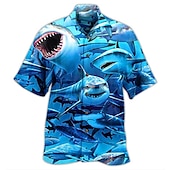 billiga Ocean Print-Herr Haj Tropisk Skjorta Hawaii skjorta Aloha skjorta Skjorta Nedvikt Mode Designer Ledigt Utomhus Gata Ledigt Blå S M L