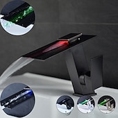 cheap LED Faucets-Bathroom Faucet LED Waterfall Spout 3 Color Changes with Temperature, Sink Mixer Mono Basin Taps, Single Handle One Hole Brass Washroom Vessel Tap Deck Mounted
