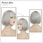 cheap Black &amp; African Wigs-Short Straight Bob Wigs 11 inch Synthetic with Bangs Daily Party Cosplay Hair Wig for Black Women silver gray