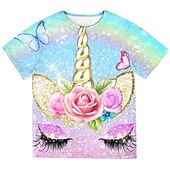 halpa Tytön 3D-sarjakuva-2 osainen Lapset Tyttöjen T-paita ja shortsit Vaatesetti Asu Eläin Yksisarvinen Lyhythihainen Crewneck Aseta ulko- Aktiivinen Muoti söpö tyyli Kesä Kevät 3-13 vuotta Punastuvan vaaleanpunainen