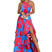 cheap Formal Dresses-Women&#039;s Swing Dress Maxi long Dress Blue Sleeveless Print Abstract Layered Split Cold Shoulder Spring Summer Halter Neck Cold Shoulder Personalized Stylish Vacation 2023 S M L XL XXL / 3D Print