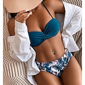 billige Bikinisett-Dame Normal Badetøy Bikini 2 stk Frekk Badedrakt 2 deler Åben Ryg Sexy Printer Høy midje Ferie Mote Blomstret Blader Med stropper Ermeløs Badedrakter