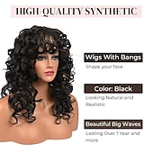 economico Parrucche di altissima qualità-parrucca riccia con frangia per le donne-lonai lunghe parrucche crespi color cioccolato da 23 pollici con frangia sottile ricci splendida parrucca sintetica shag per uso quotidiano party cosplay