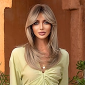 voordelige Topkwaliteit pruiken-synthetische pruik kinky recht met pony pruik lang lichtblond synthetisch haar 20 inch dames modieus ontwerp comfortabel zwart ombre blond